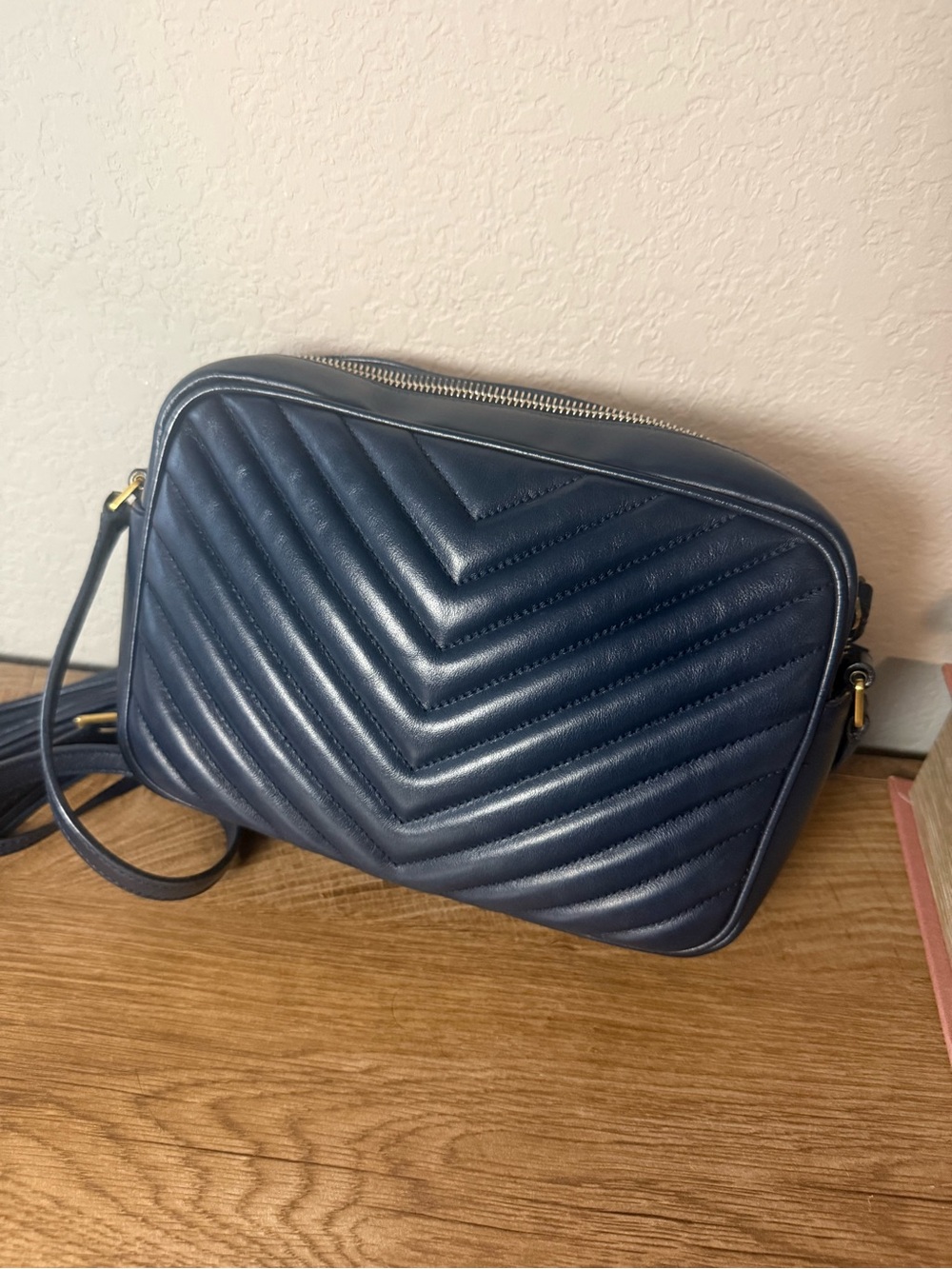 Saint Laurent Dark Blue Chevron Quilted Leather Crossbody with Tassel YSL - Picture 2 of 9